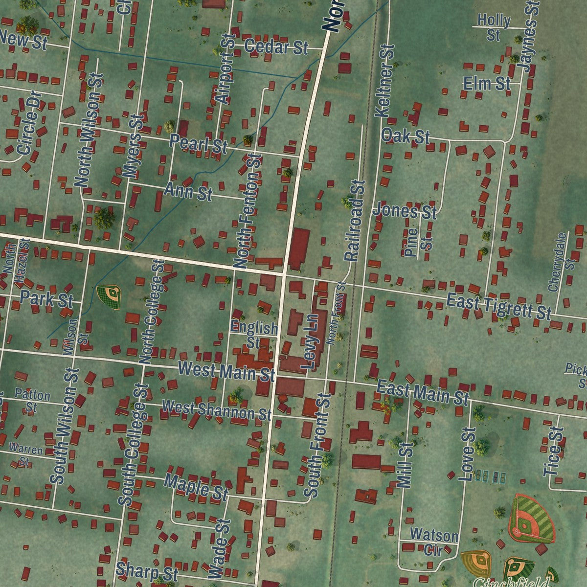 Close-up of the map of Halls, Tennessee print showing street and building detail