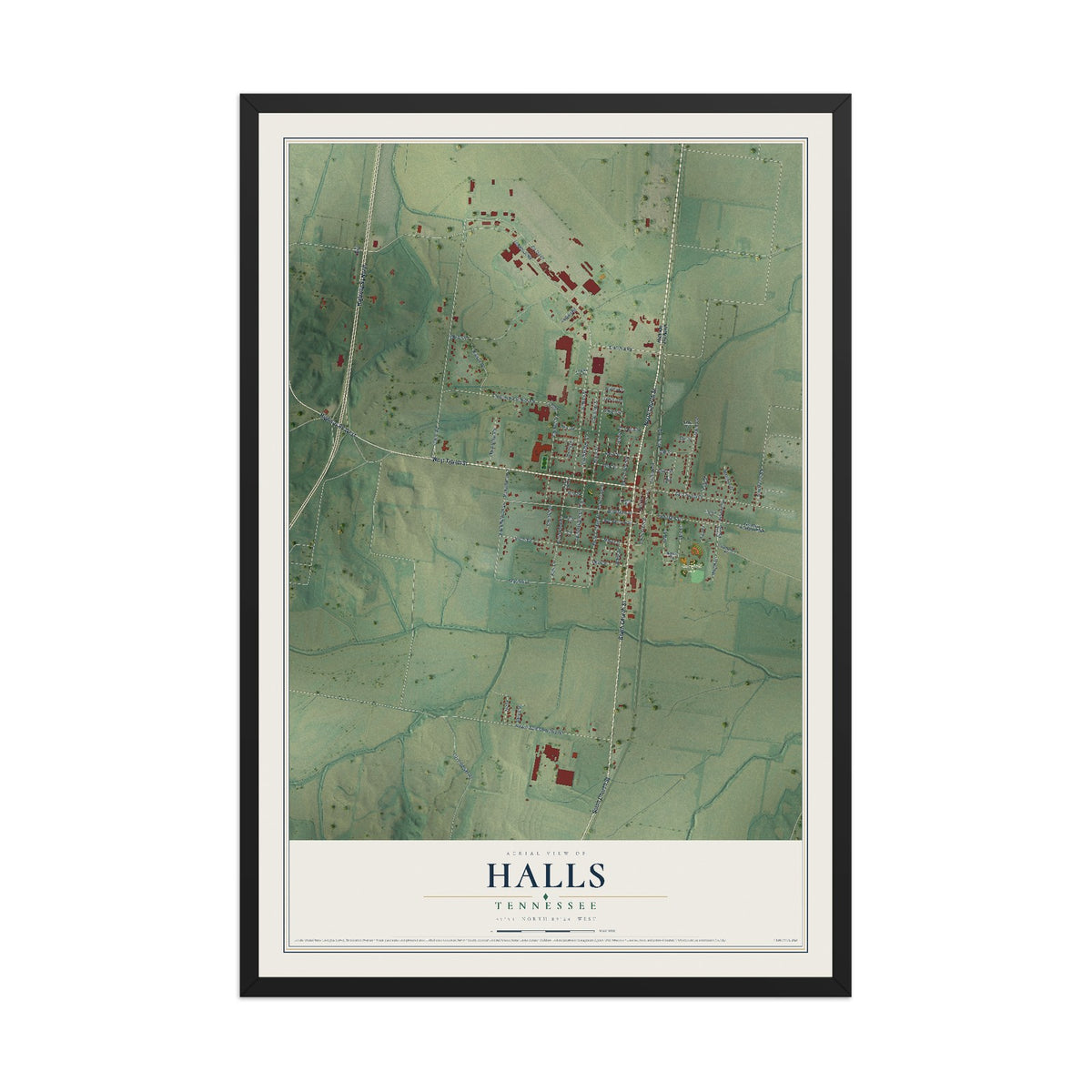 Map of Halls, Tennessee, 12 x 18 inch print in a black wood frame
