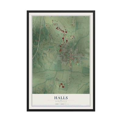 Map of Halls, Tennessee, 12 x 18 inch print in a black wood frame