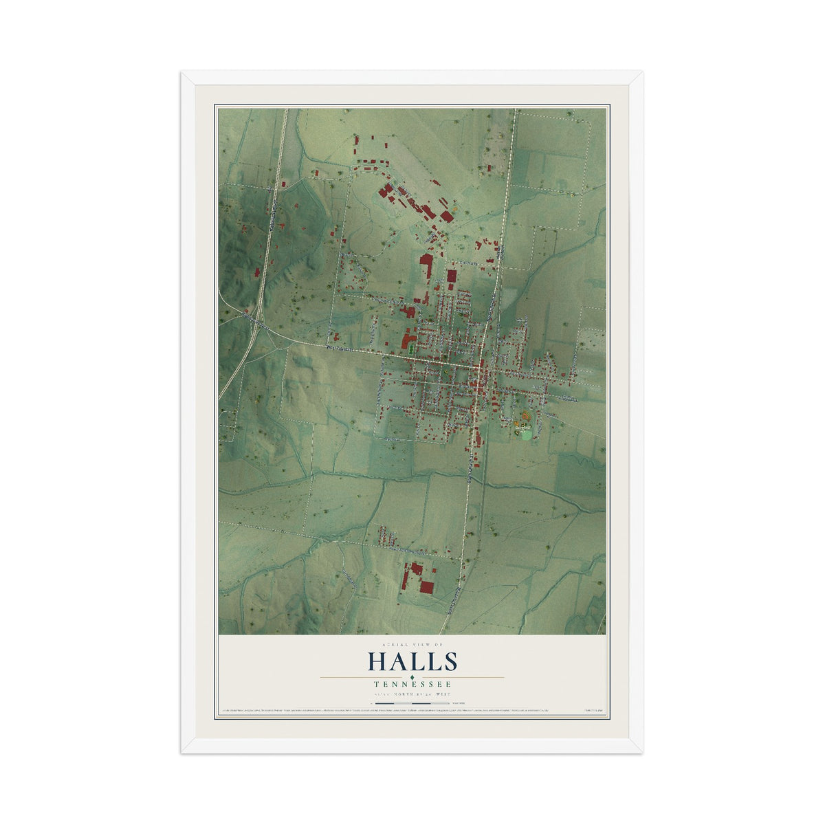 Map of Halls, Tennessee, 12 x 18 inch print in a white wood frame