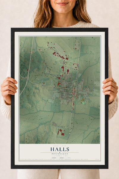 Map of Halls, Tennessee, 18 x 24 inch print in a black wood frame