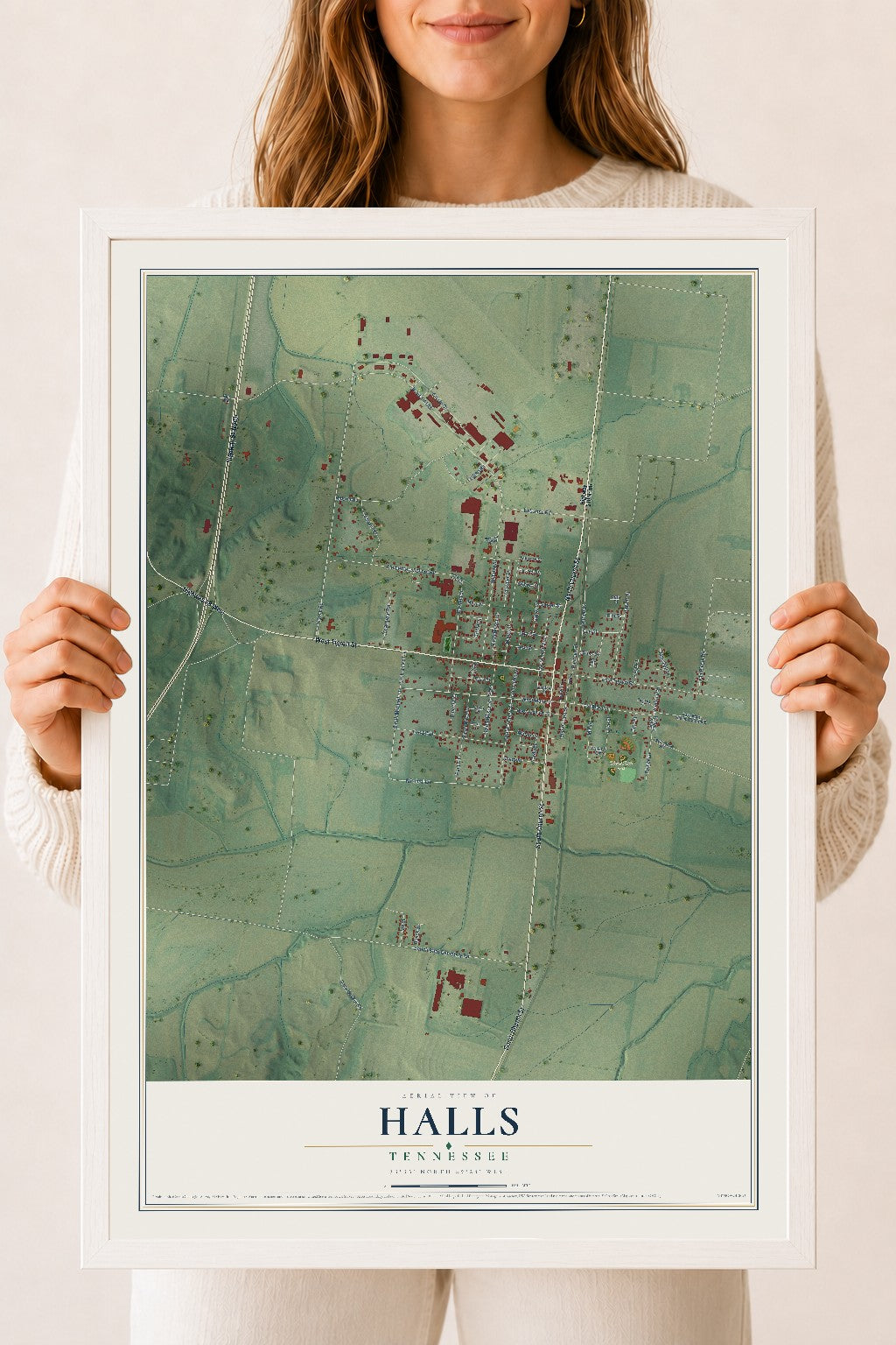 Map of Halls, Tennessee, 18 x 24 inch print in a white wood frame