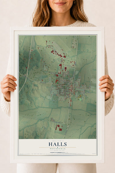 Map of Halls, Tennessee, 18 x 24 inch print in a white wood frame