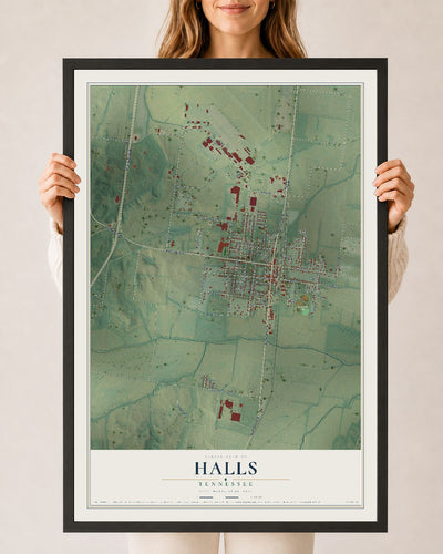 Map of Halls, Tennessee, 24 x 36 inch print in a black wood frame