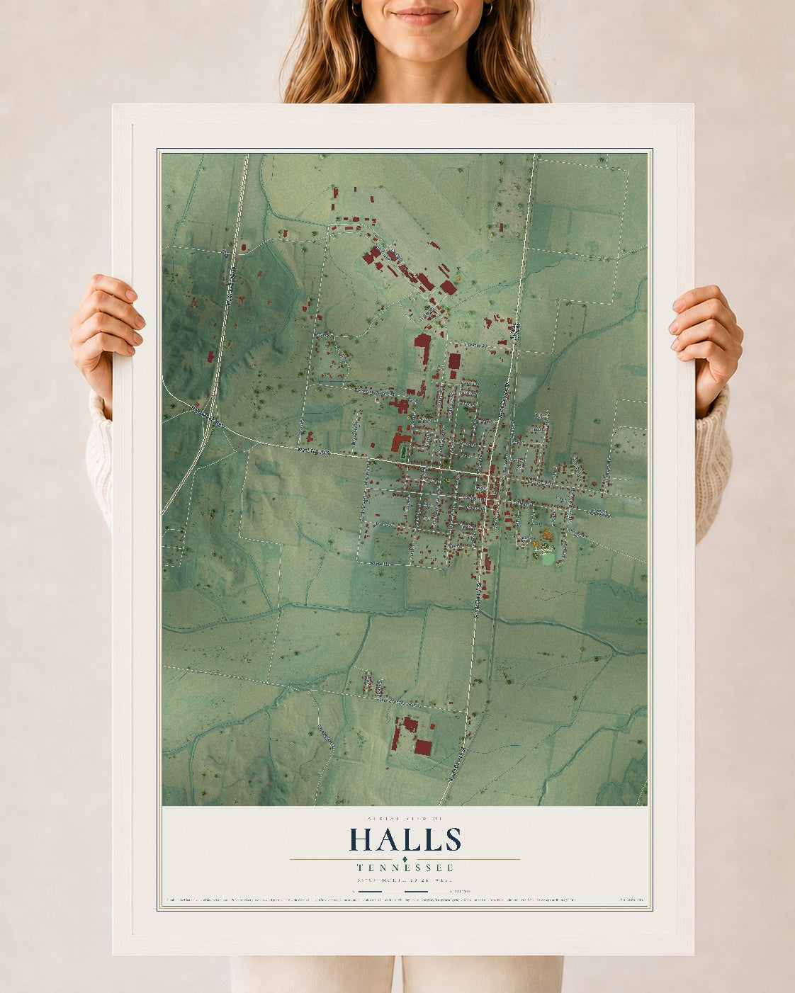 Map of Halls, Tennessee, 24 x 36 inch print in a white wood frame