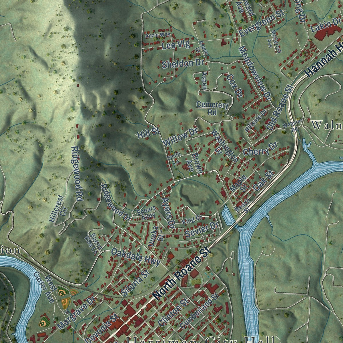 Second close-up of the map of Harriman, Tennessee print showing more streets and buildings