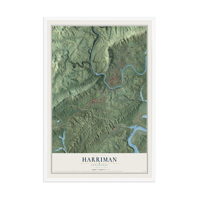 Map of Harriman, Tennessee, 12 x 18 inch print in a white wood frame