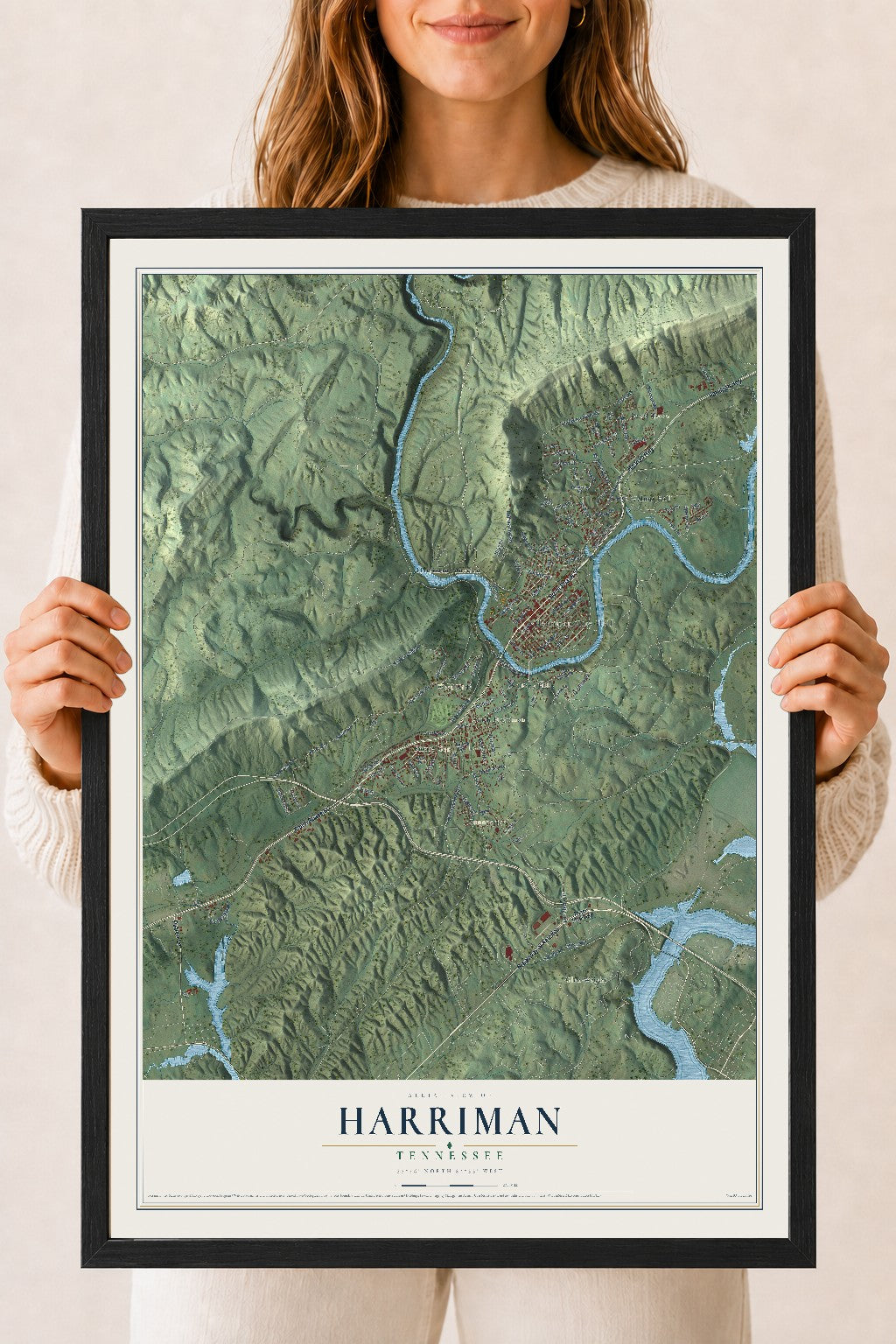 Map of Harriman, Tennessee, 18 x 24 inch print in a black wood frame