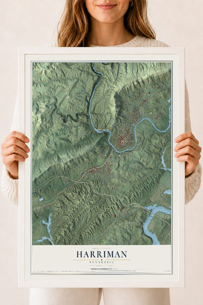 Map of Harriman, Tennessee, 18 x 24 inch print in a white wood frame
