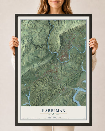 Map of Harriman, Tennessee, 24 x 36 inch print in a black wood frame