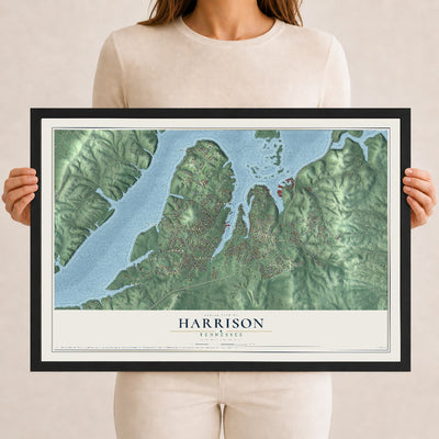 Map of Harrison, Tennessee, 12 x 18 inch print in a black wood frame