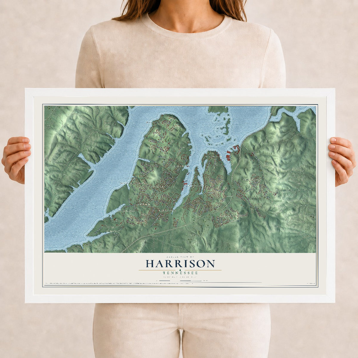 Map of Harrison, Tennessee, 12 x 18 inch print in a white wood frame