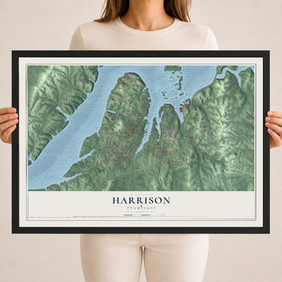 Map of Harrison, Tennessee, 18 x 24 inch print in a black wood frame
