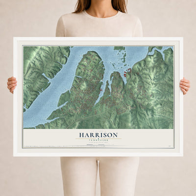 Map of Harrison, Tennessee, 24 x 36 inch print in a white wood frame