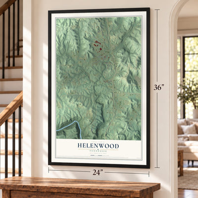 Helenwood, Tennessee map, 24 x 36 inch print in a black frame by a staircase