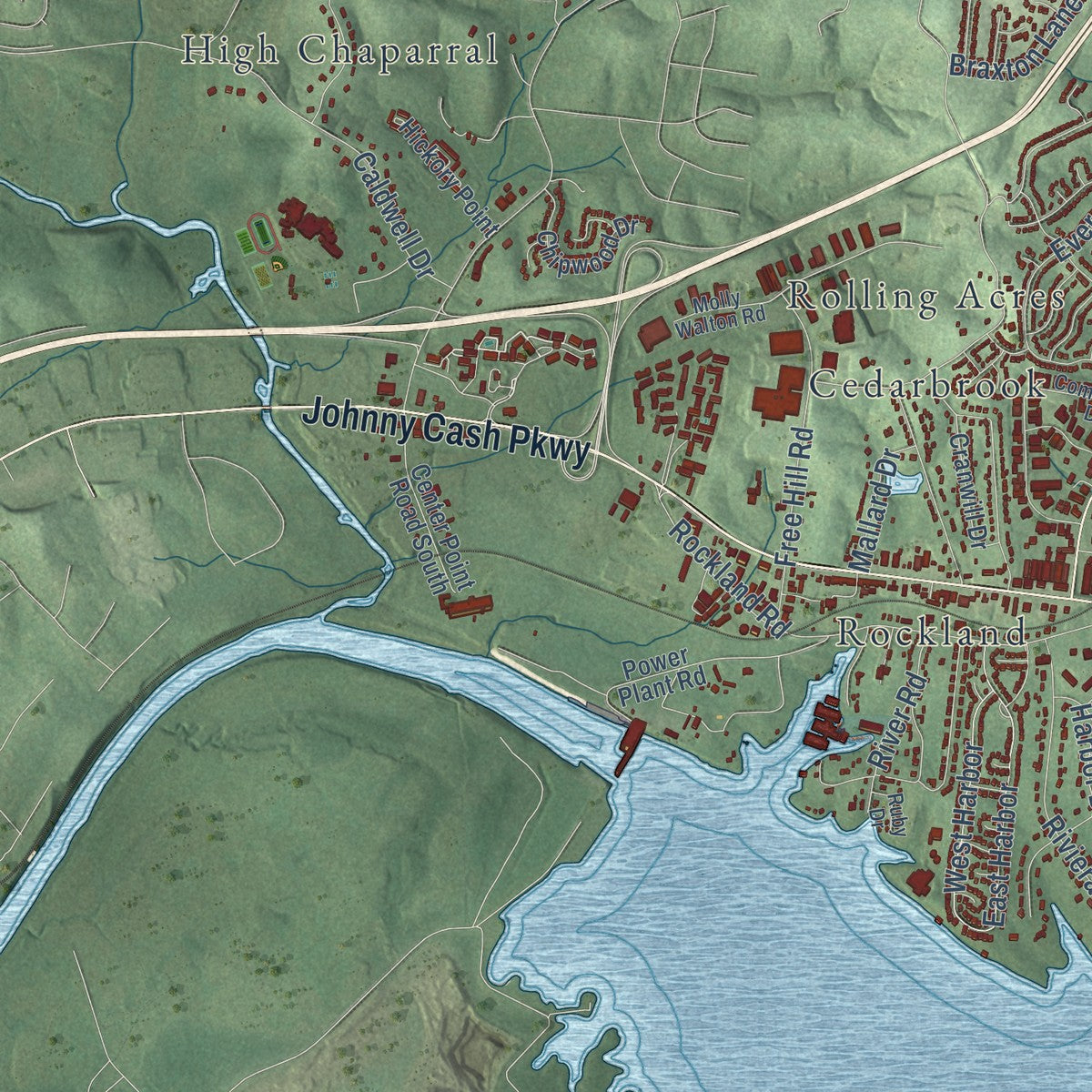 Second close-up of the map of Hendersonville, Tennessee print showing more streets and buildings