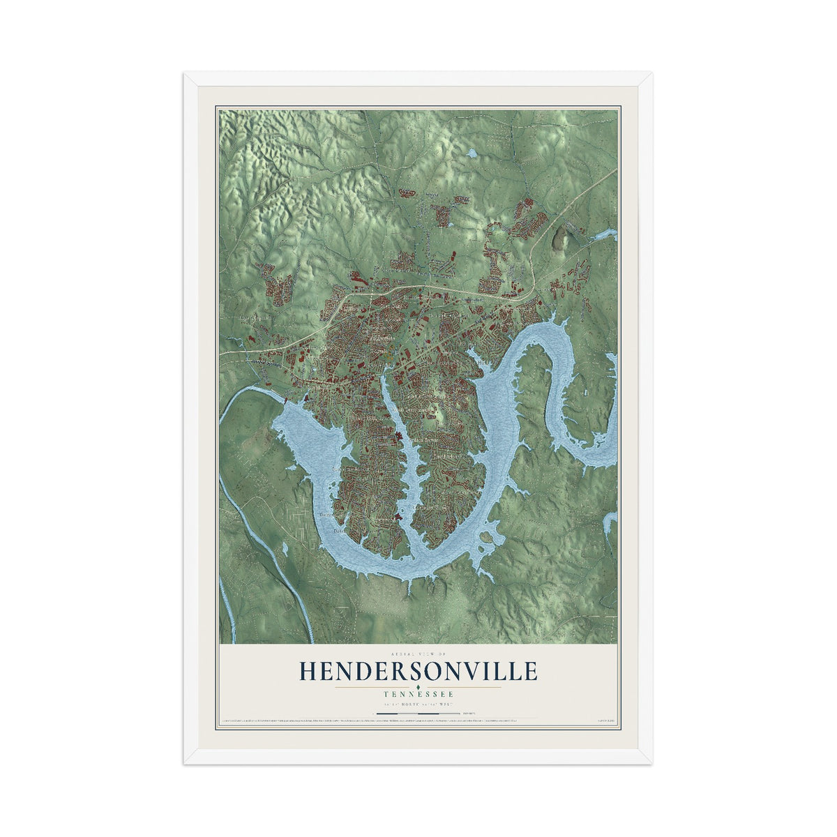 Map of Hendersonville, Tennessee, 12 x 18 inch print in a white wood frame
