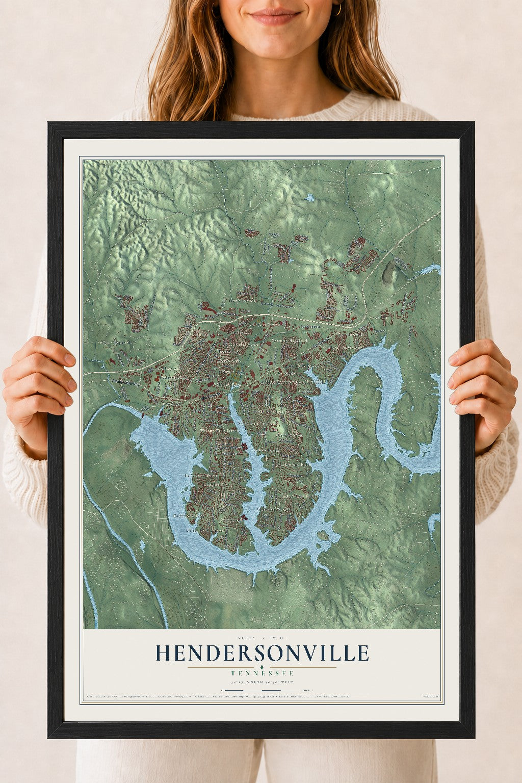 Map of Hendersonville, Tennessee, 18 x 24 inch print in a black wood frame