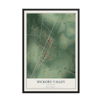 Map of Hickory Valley, Tennessee, 12 x 18 inch print in a black wood frame