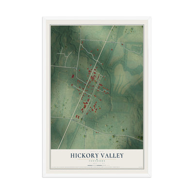 Map of Hickory Valley, Tennessee, 12 x 18 inch print in a white wood frame