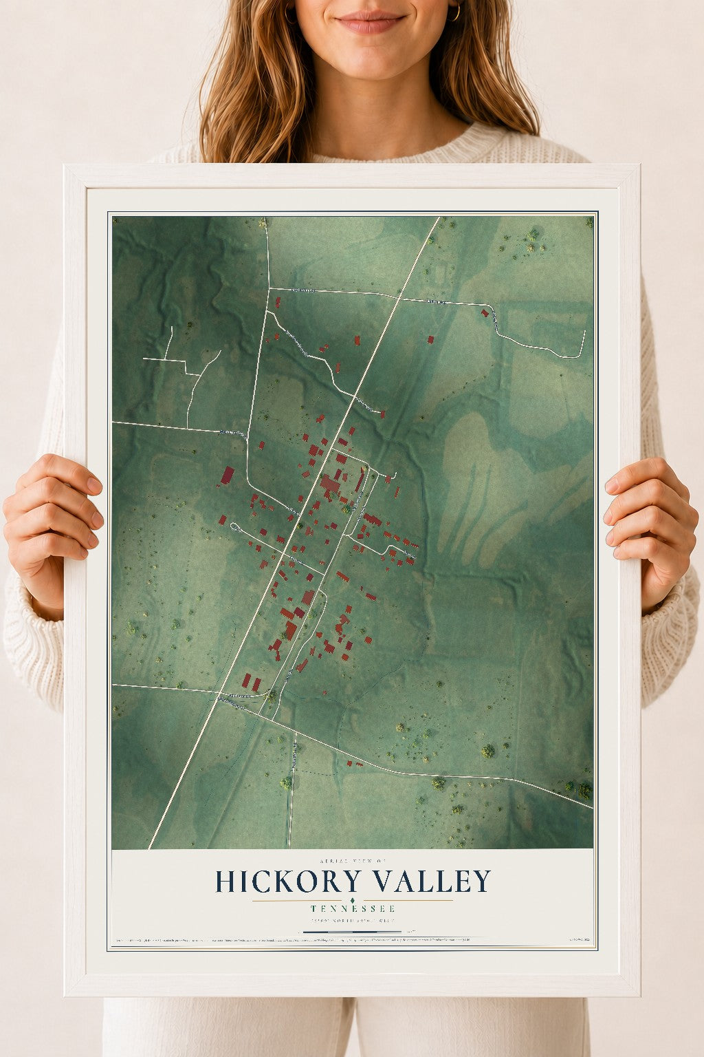 Map of Hickory Valley, Tennessee, 18 x 24 inch print in a white wood frame