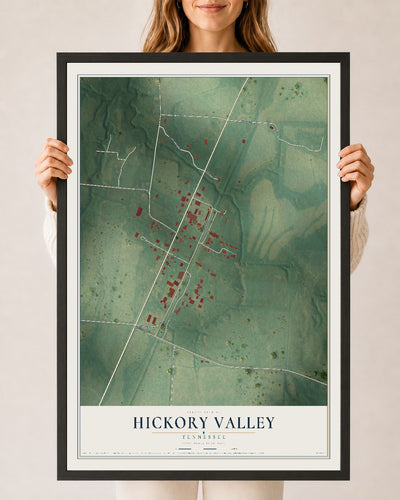 Map of Hickory Valley, Tennessee, 24 x 36 inch print in a black wood frame