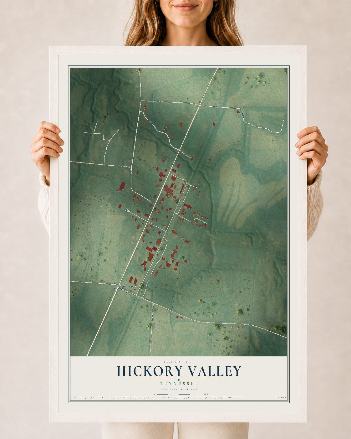 Map of Hickory Valley, Tennessee, 24 x 36 inch print in a white wood frame
