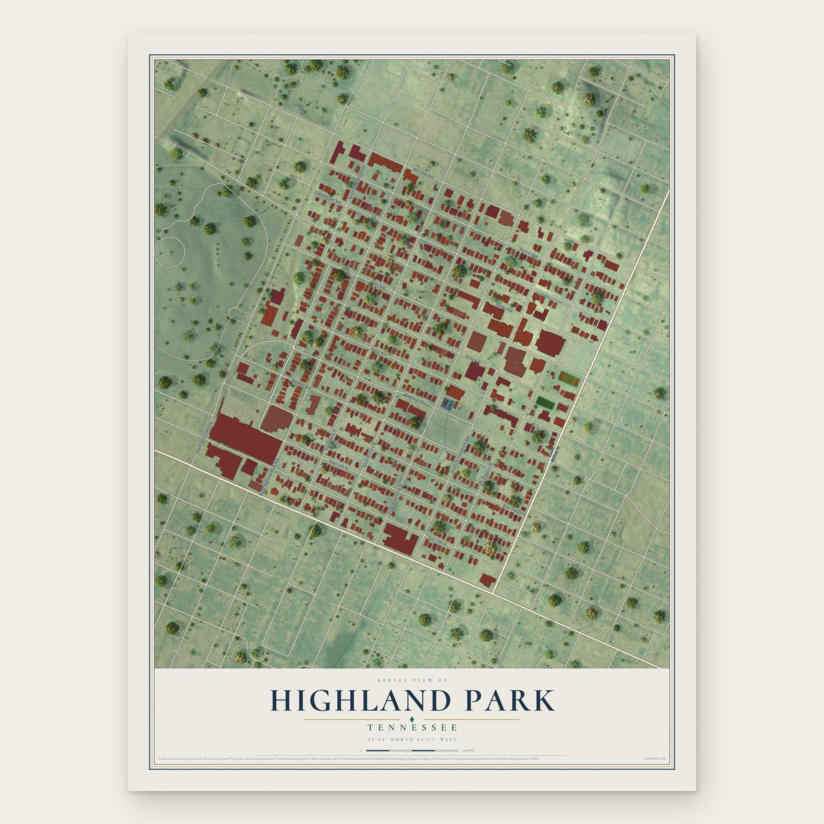 Highland Park, Chattanooga, Tennessee map print, the full design