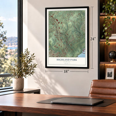Highland Park, Tennessee map, 18 x 24 inch print in a black frame in a home office