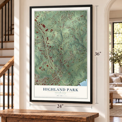 Highland Park, Tennessee map, 24 x 36 inch print in a black frame by a staircase