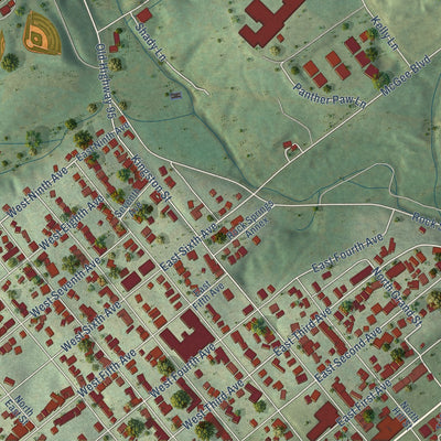 Close-up of the map of Highland Park, Tennessee print showing street and building detail