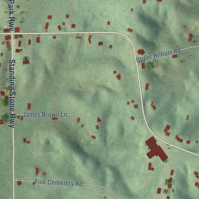 Close-up of the map of Hilham, Tennessee print showing street and building detail