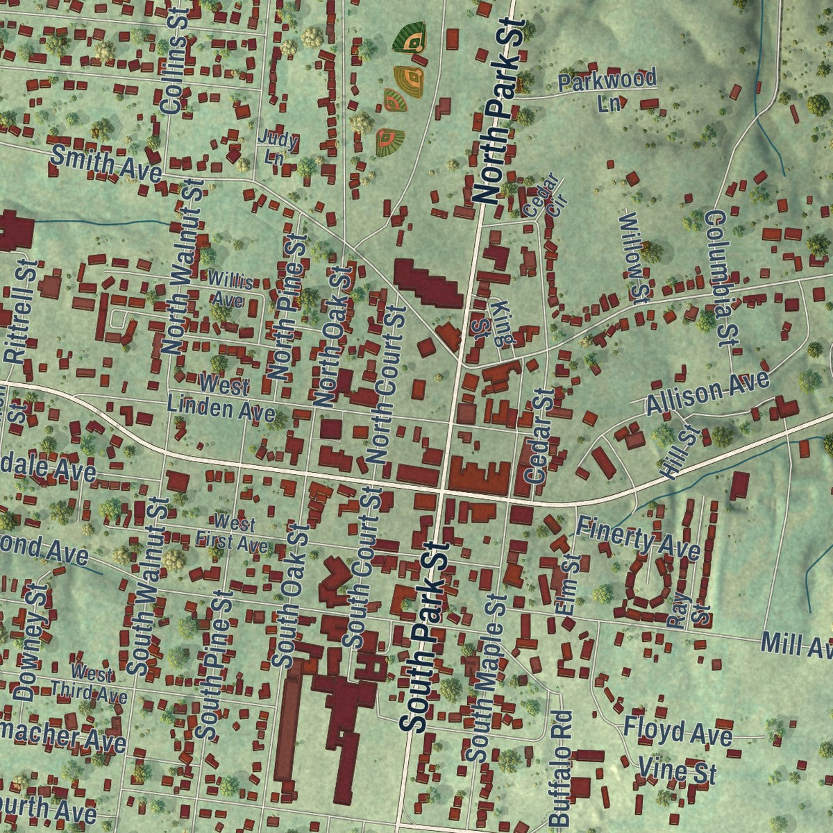 Close-up of the map of Hohenwald, Tennessee print showing street and building detail