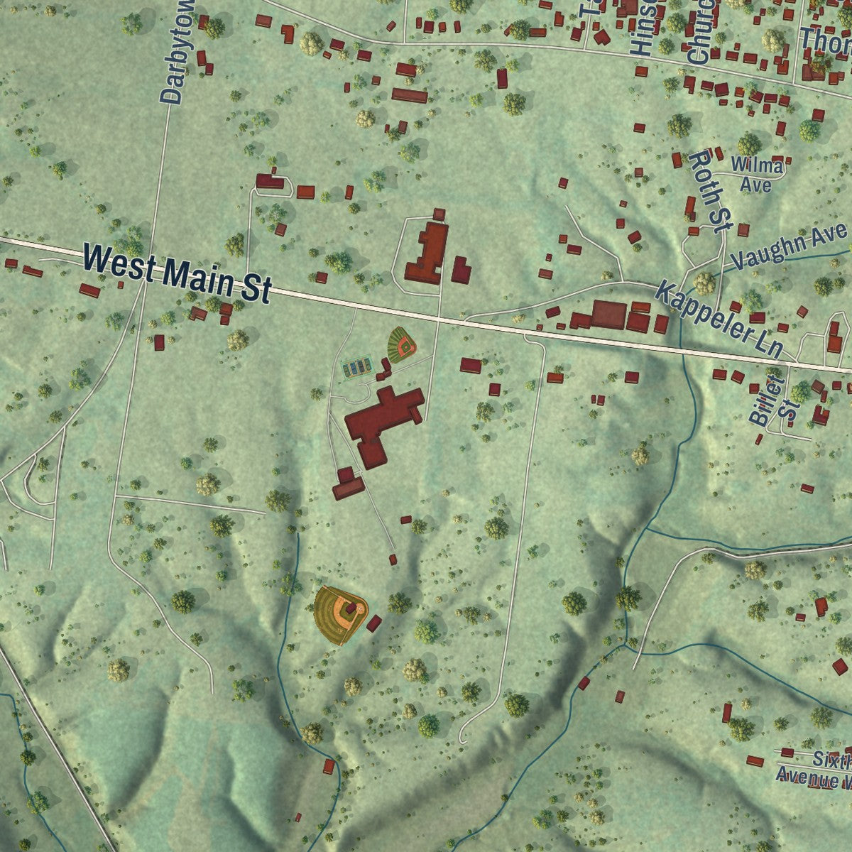 Second close-up of the map of Hohenwald, Tennessee print showing more streets and buildings