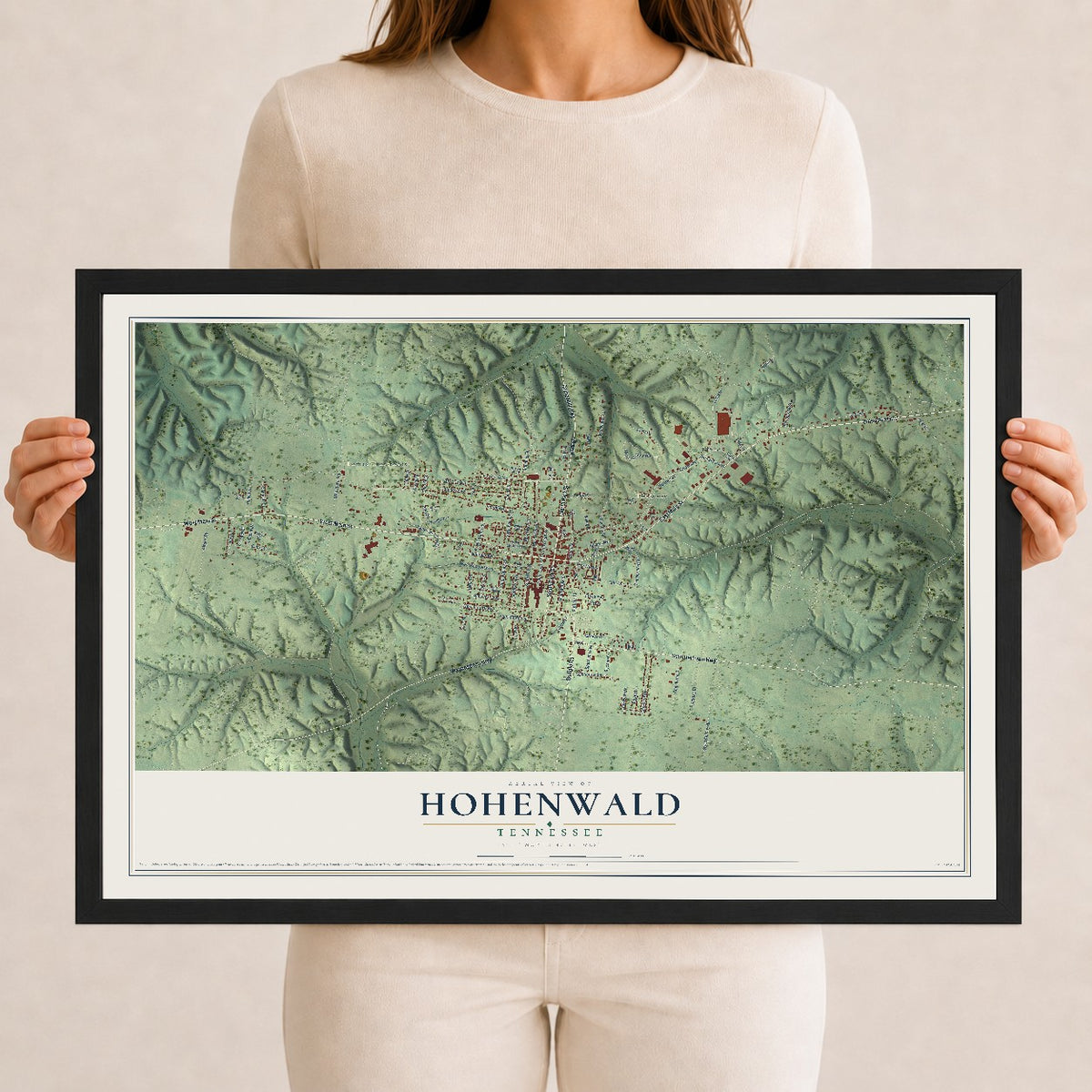 Map of Hohenwald, Tennessee, 12 x 18 inch print in a black wood frame