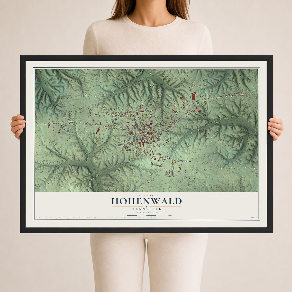Map of Hohenwald, Tennessee, 24 x 36 inch print in a black wood frame