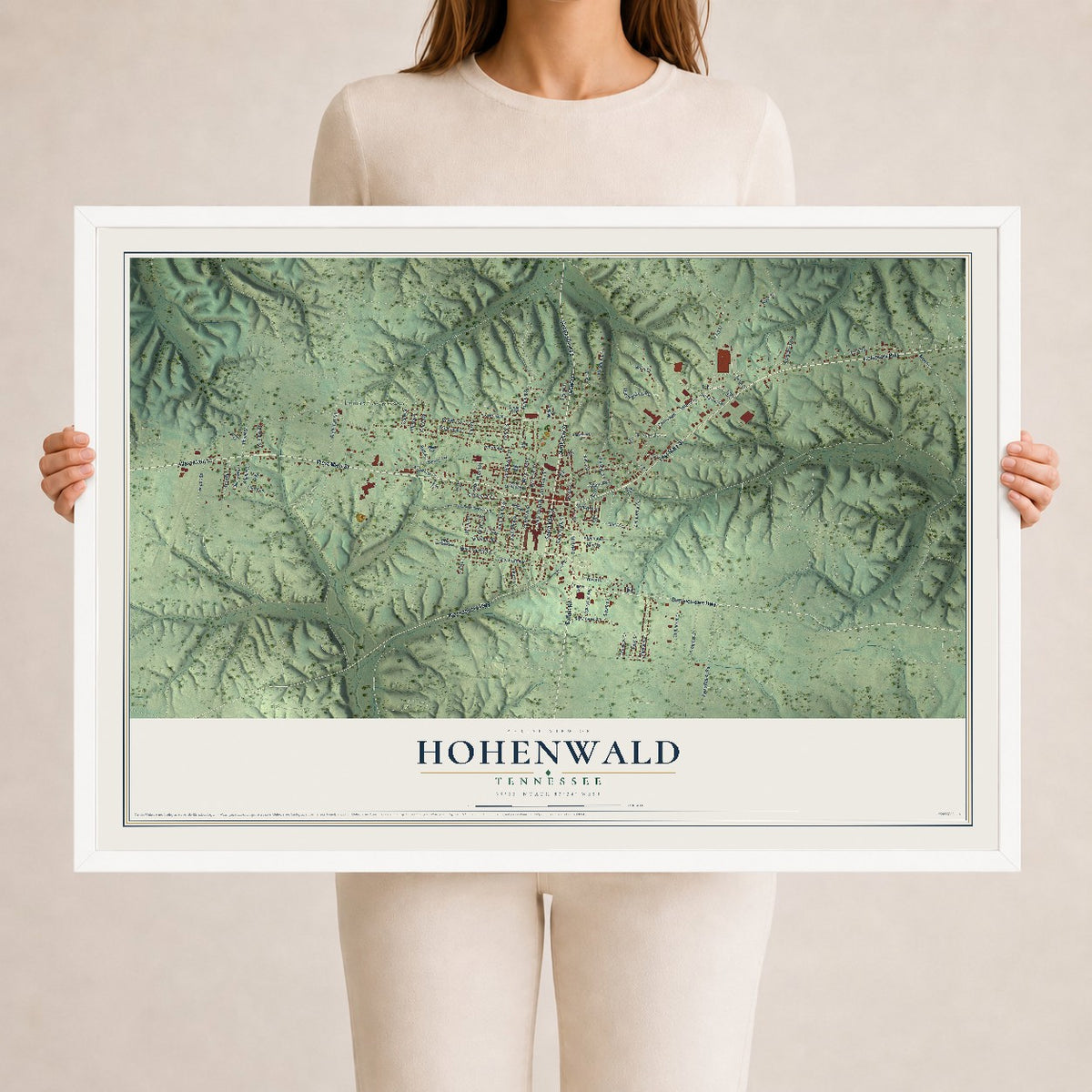 Map of Hohenwald, Tennessee, 24 x 36 inch print in a white wood frame