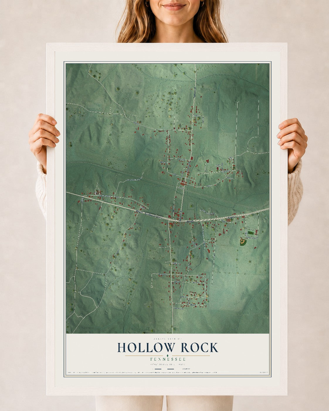 Map of Hollow Rock, Tennessee, 24 x 36 inch print in a white wood frame