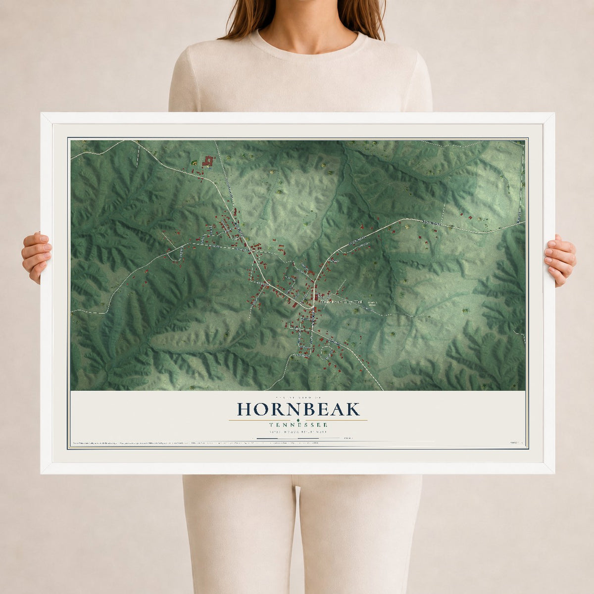 Map of Hornbeak, Tennessee, 24 x 36 inch print in a white wood frame