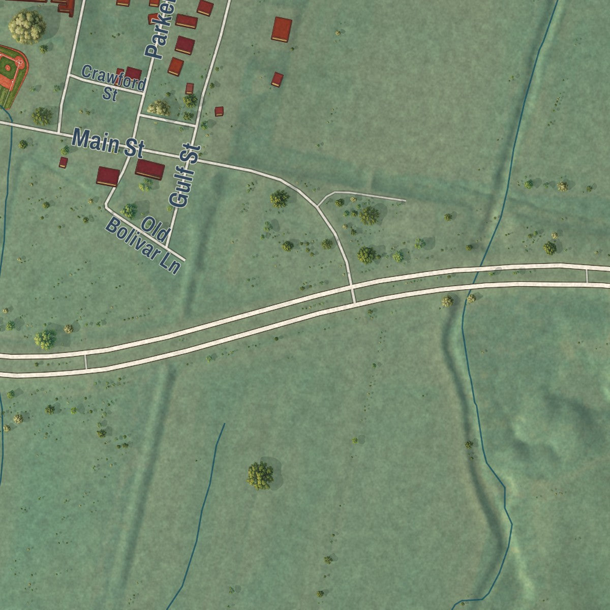 Close-up of the map of Hornsby, Tennessee print showing street and building detail