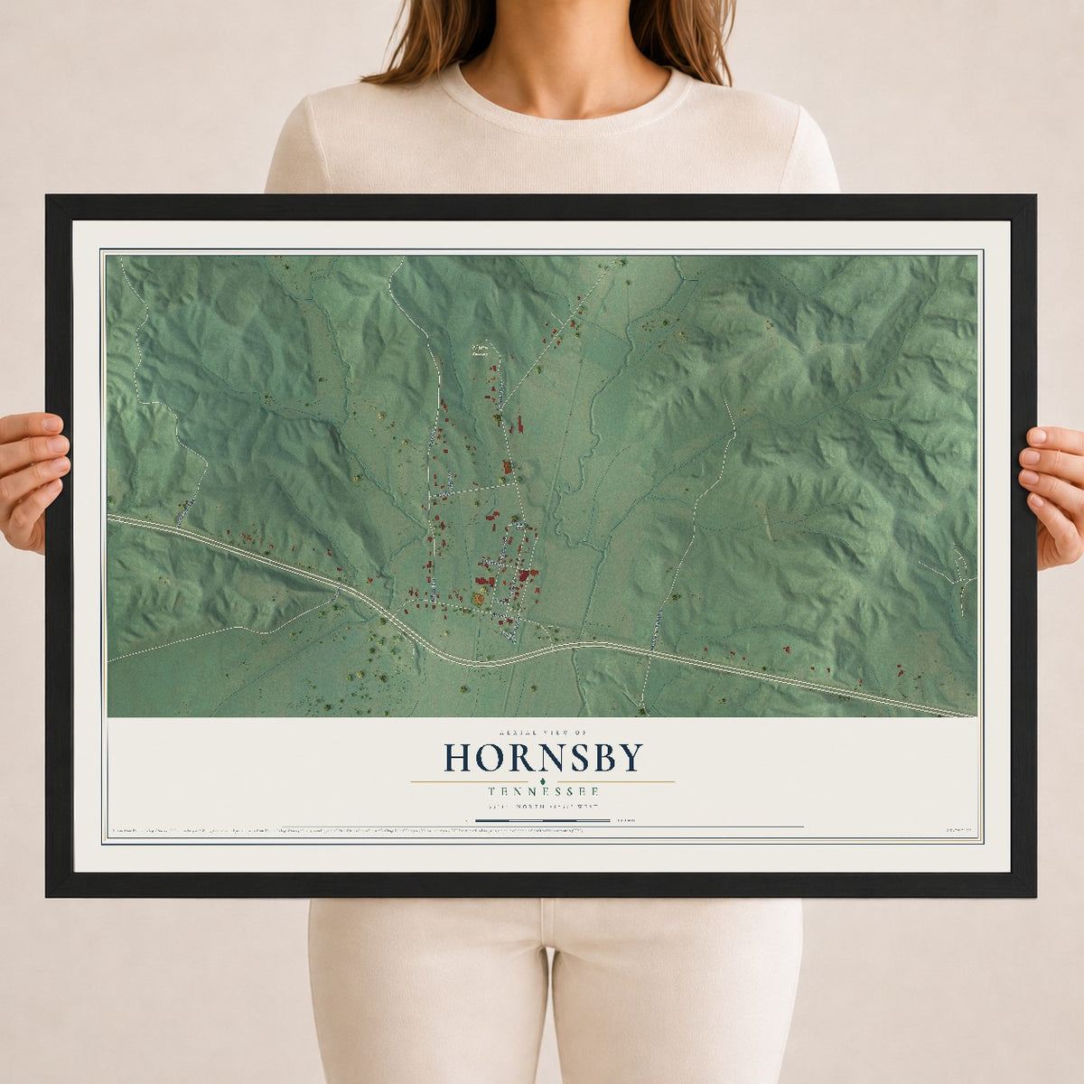 Map of Hornsby, Tennessee, 18 x 24 inch print in a black wood frame