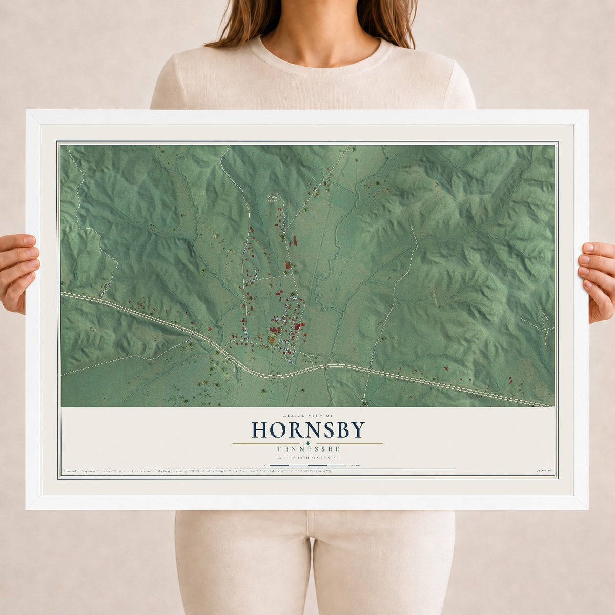 Map of Hornsby, Tennessee, 18 x 24 inch print in a white wood frame