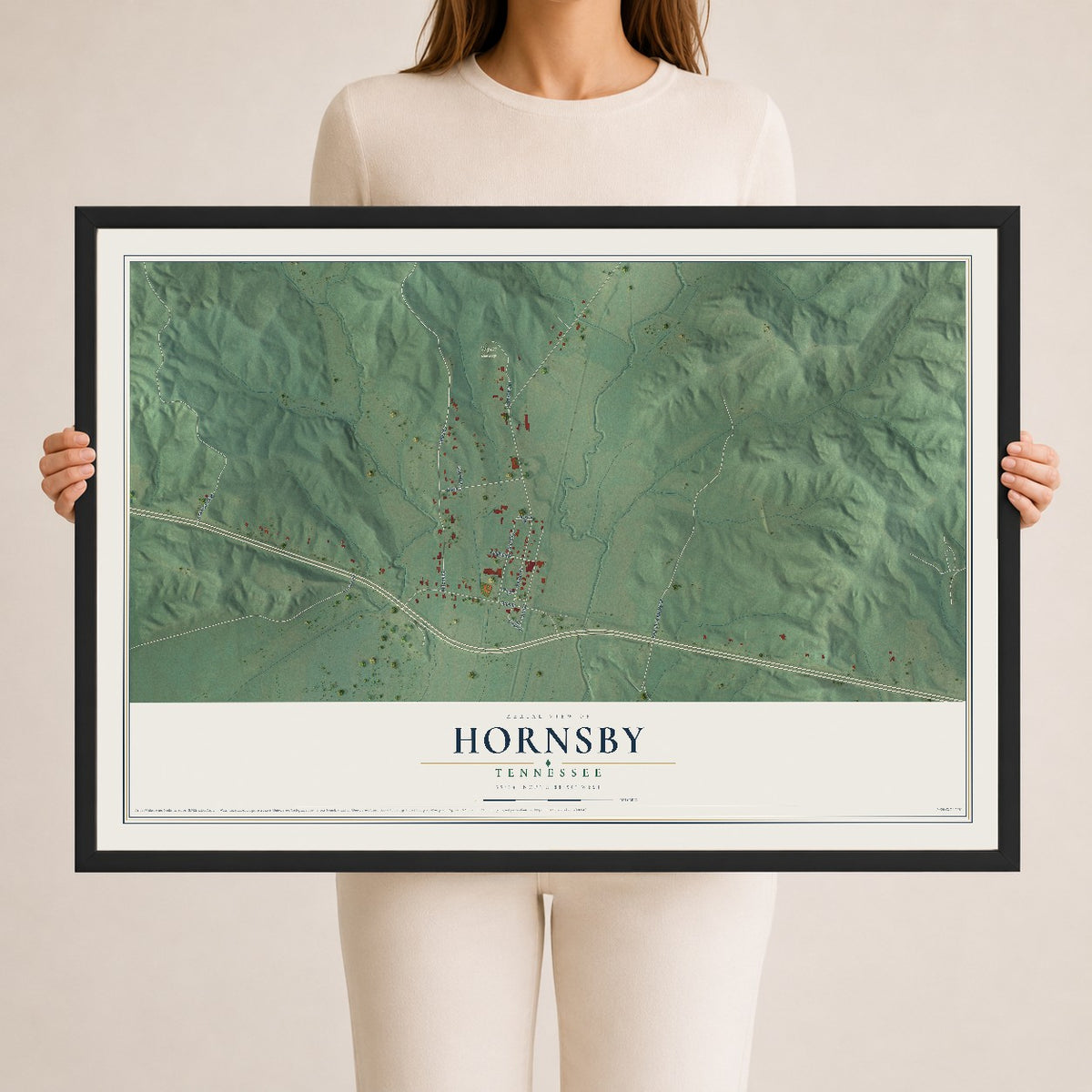 Map of Hornsby, Tennessee, 24 x 36 inch print in a black wood frame