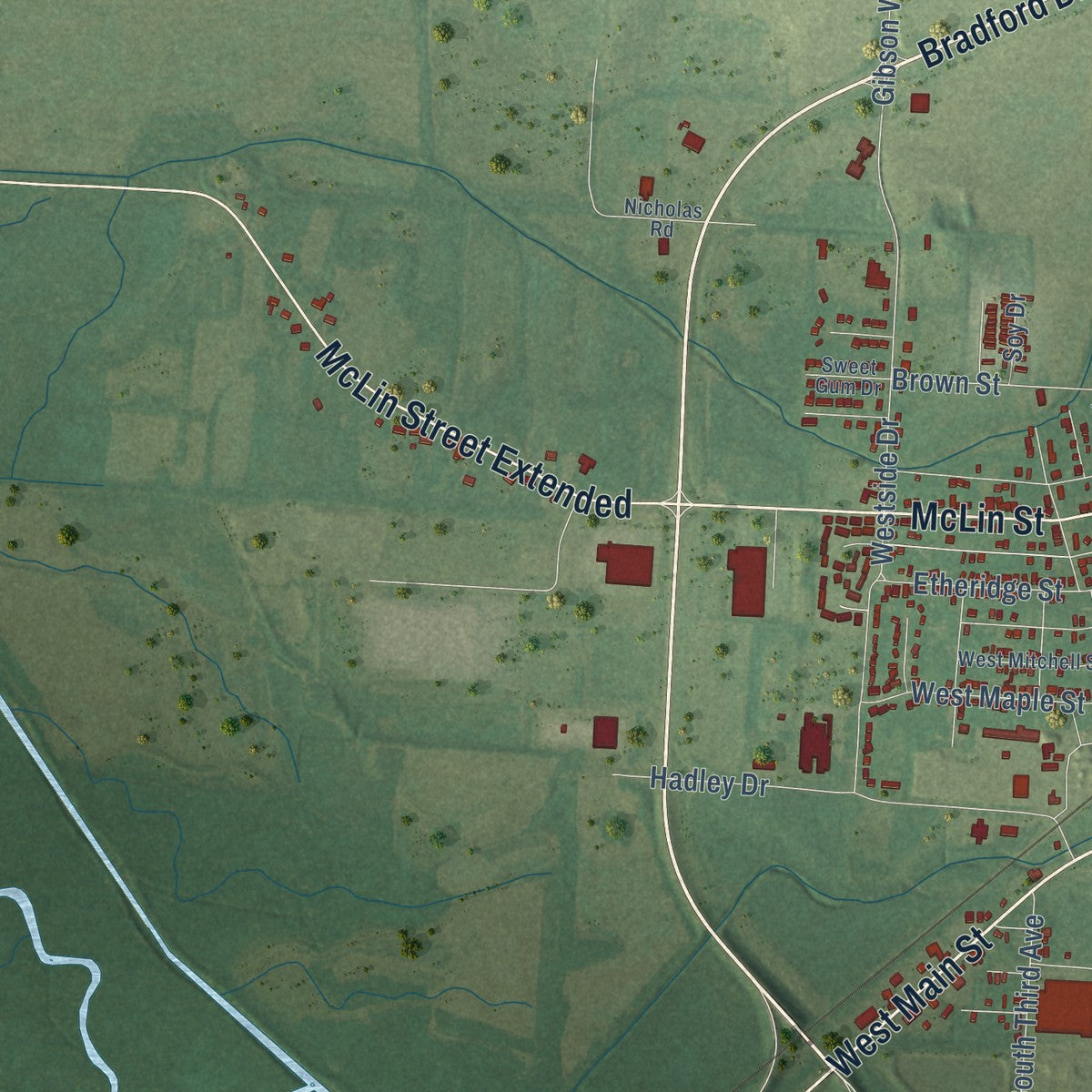 Second close-up of the map of Humboldt, Tennessee print showing more streets and buildings