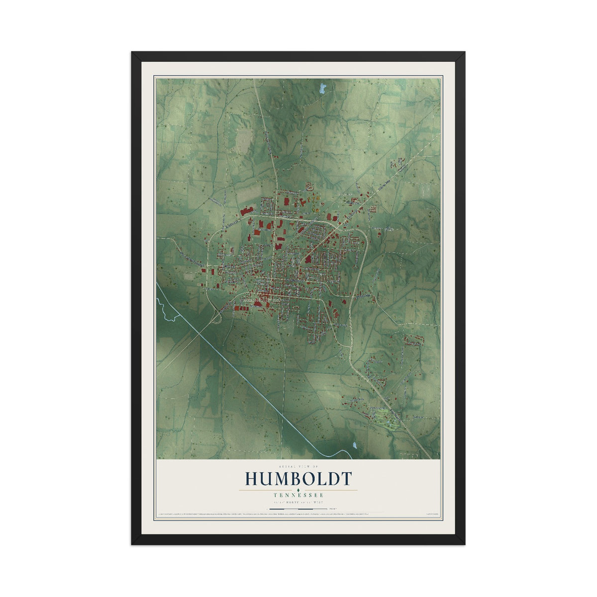 Map of Humboldt, Tennessee, 12 x 18 inch print in a black wood frame
