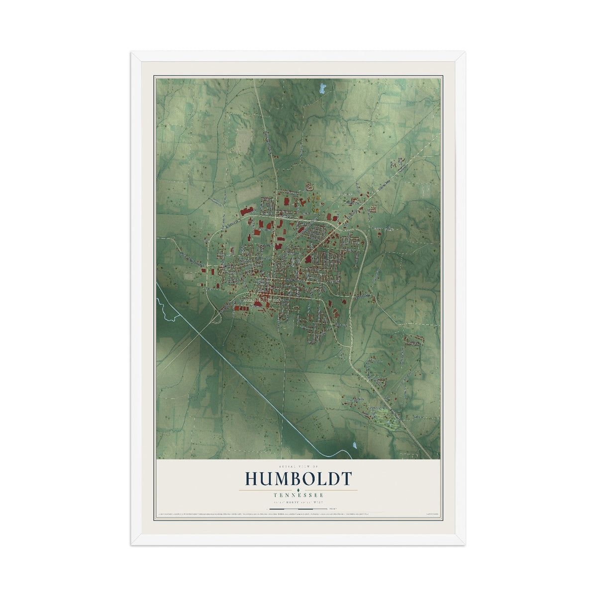 Map of Humboldt, Tennessee, 12 x 18 inch print in a white wood frame
