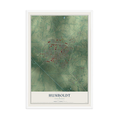 Map of Humboldt, Tennessee, 12 x 18 inch print in a white wood frame