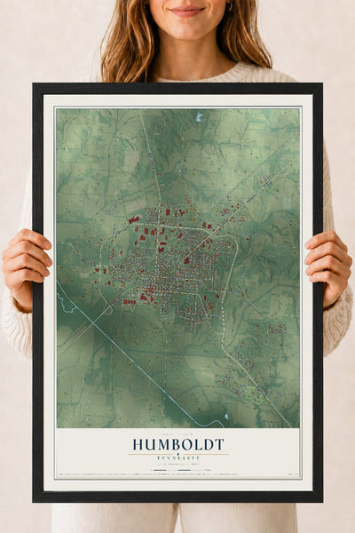 Map of Humboldt, Tennessee, 18 x 24 inch print in a black wood frame