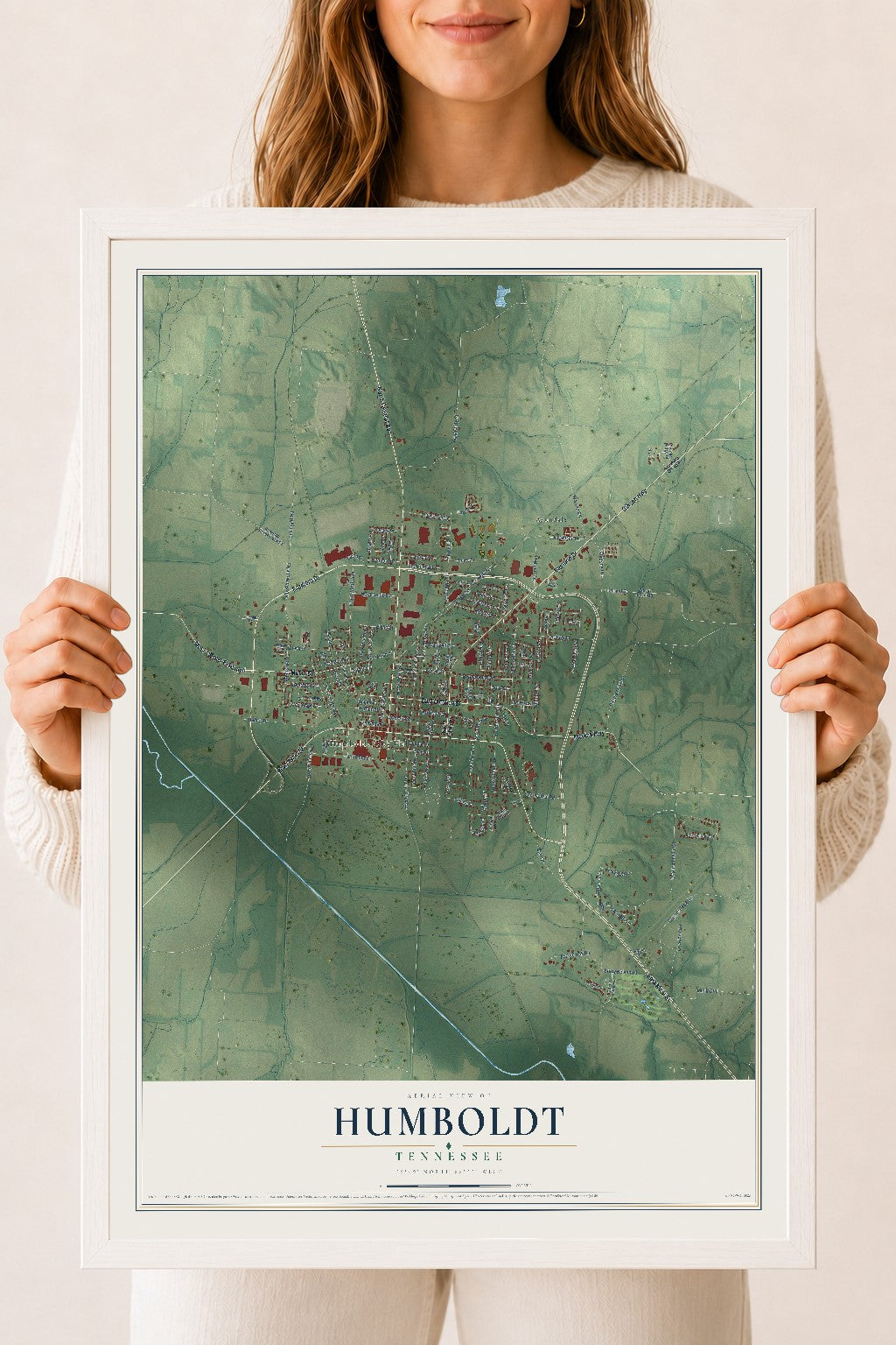 Map of Humboldt, Tennessee, 18 x 24 inch print in a white wood frame