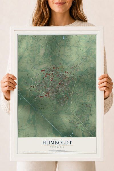 Map of Humboldt, Tennessee, 18 x 24 inch print in a white wood frame